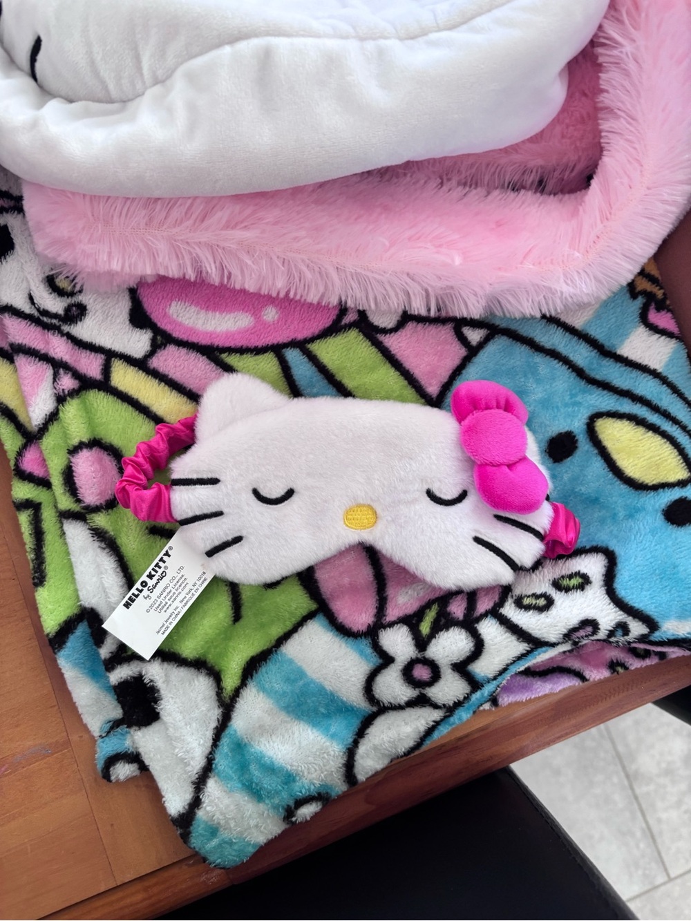 Hello Kitty Bundle: blanket , Pink Sleep Mask for Kids, and bag
